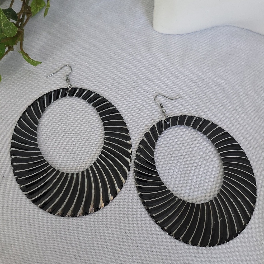 Large Statement Silver and Black Swirl Hoop Earrings